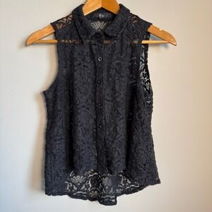 XXI Black Lace Sleeveless Blouse Top Collared Button Up Womens Medium Whimsigoth